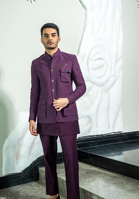 Purple Embellished Corduroy Suit For Men