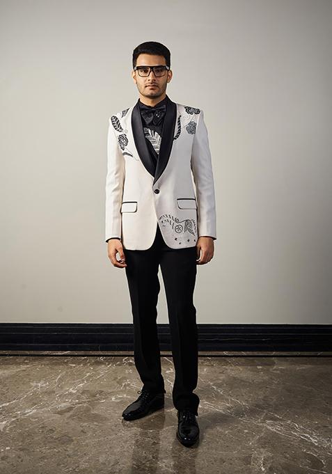 Black And White Embroidered Italian Cationic Tuxedo For Men