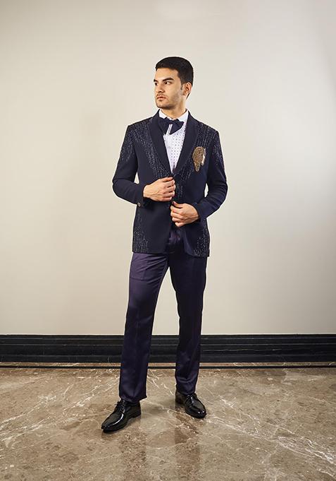 Blue Embroidered Silk Velvet Tuxedo For Men