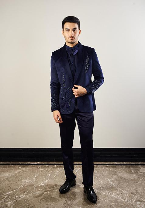 Navy Blue Embroidered Silk Velvet Tuxedo For Men