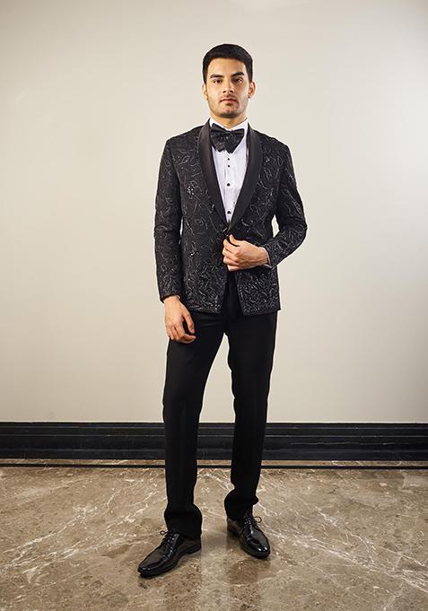 Black Embroidered Italian Catatonic Tuxedo For Men