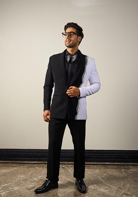 Black And White Embroidered Italian Cationic Tuxedo For Men