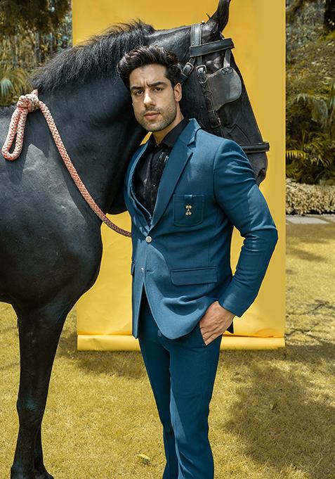 Teal Blue Embroidered Corduroy Suit For Men