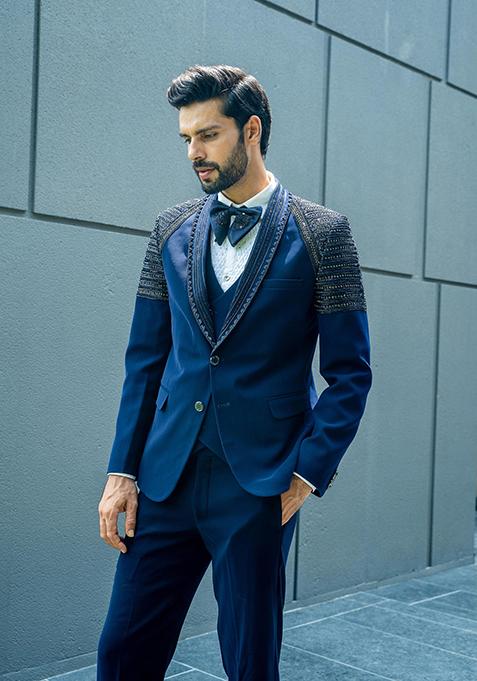 Navy Blue Embroidered Italian Cationic Tuxedo For Men