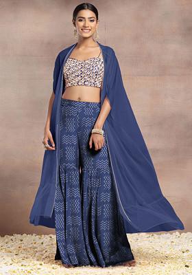 Blue Sharara Set With Pearl Sequin Hand Embroidered Blouse And Mesh Jacket