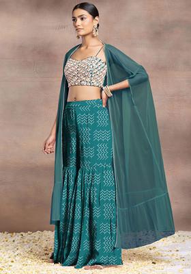 Sky Blue Sharara Set With Pearl Sequin Hand Embroidered Blouse And Mesh Jacket