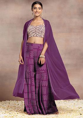 Purple Sharara Set With Pearl Sequin Hand Embroidered Blouse And Mesh Jacket