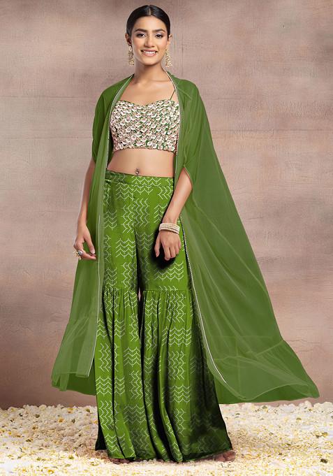 Olive Green Sharara Set With Pearl Sequin Hand Embroidered Blouse And Mesh Jacket