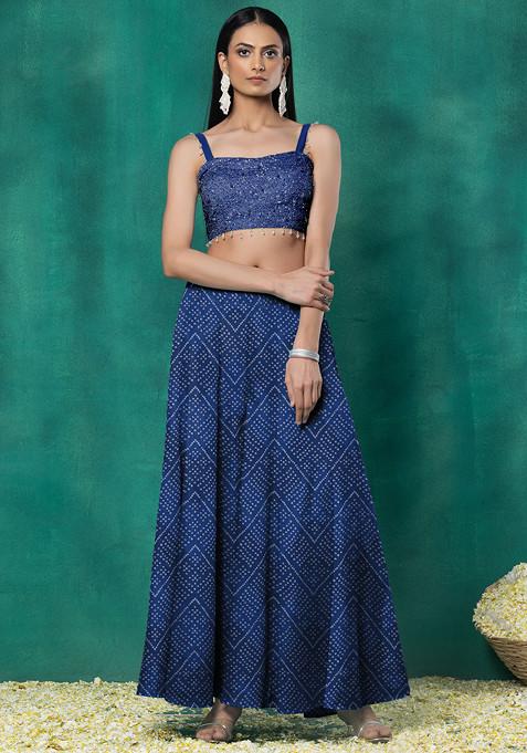 Navy Blue Sharara Set With Sequin Pearl Hand Embellished Blouse And Choker Dupatta