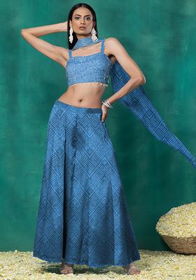 Sea Blue Sharara Set With Sequin Pearl Hand Embellished Blouse And Choker Dupatta