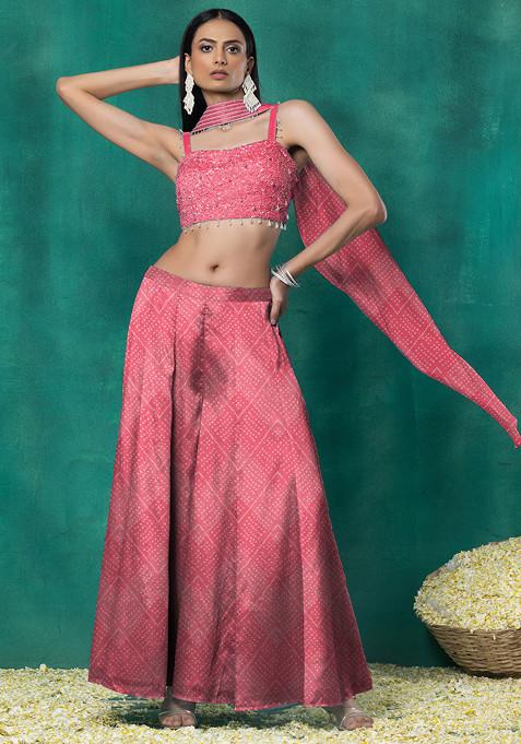 Coral Sharara Set With Sequin Pearl Hand Embellished Blouse And Choker Dupatta