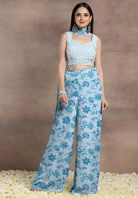 Sea Blue Palazzo Set With Pearl Hand Embroidered Blouse And Choker Dupatta