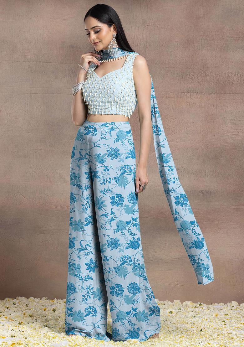 Sea Blue Palazzo Set With Pearl Hand Embroidered Blouse And Choker Dupatta