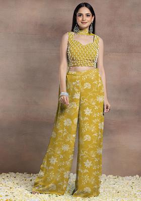 Yellow Palazzo Set With Pearl Hand Embroidered Blouse And Choker Dupatta
