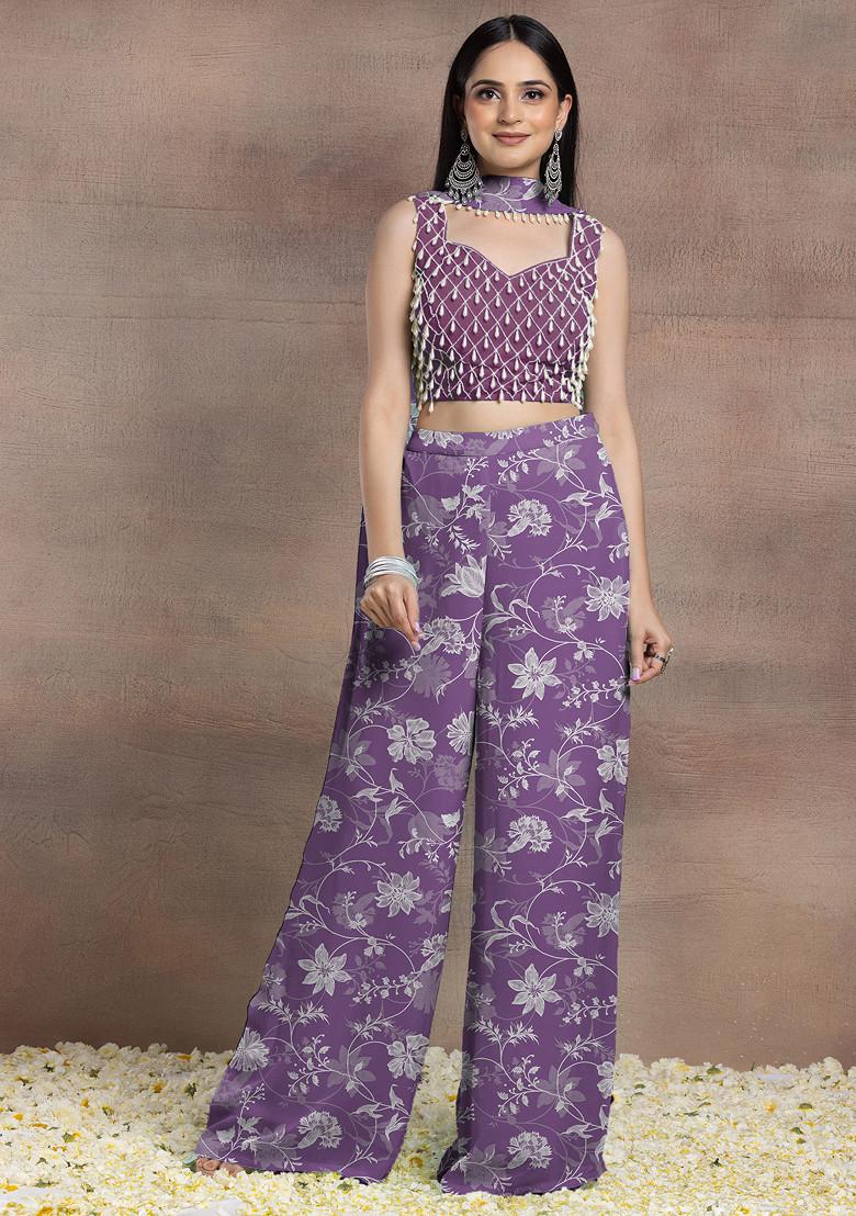 Purple Palazzo Set With Pearl Hand Embroidered Blouse And Choker Dupatta