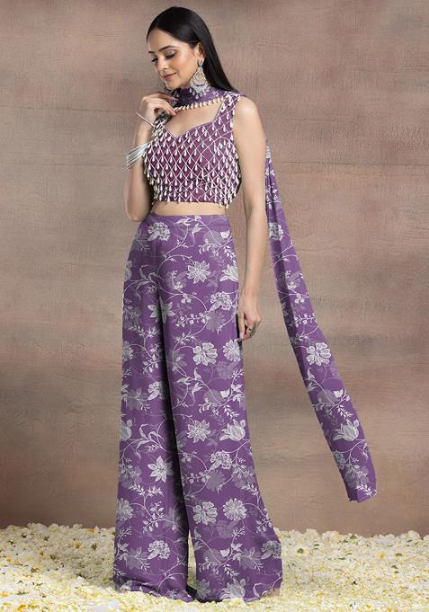 Purple Palazzo Set With Pearl Hand Embroidered Blouse And Choker Dupatta