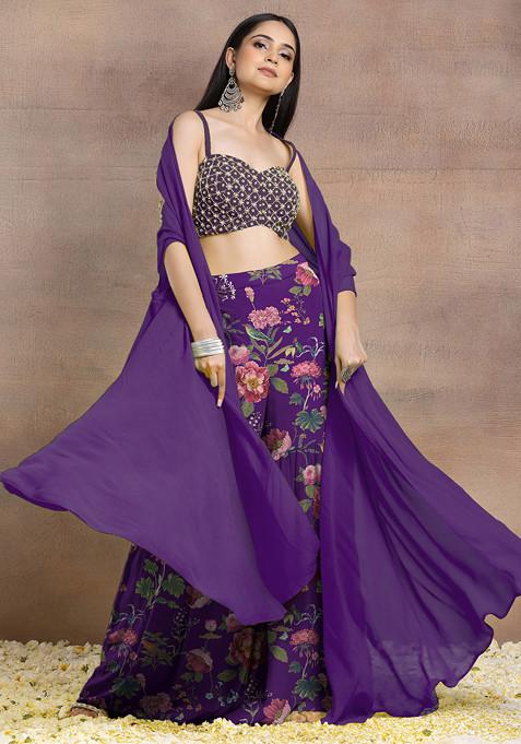 Dark Purple Sharara Set With Geometric Hand Embroidered Blouse And Jacket