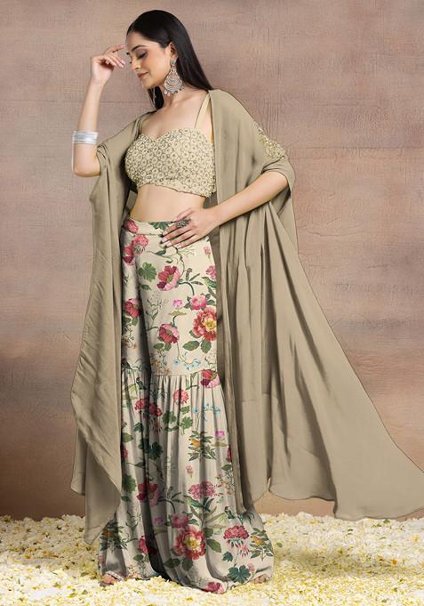 Beige Sharara Set With Geometric Hand Embroidered Blouse And Jacket