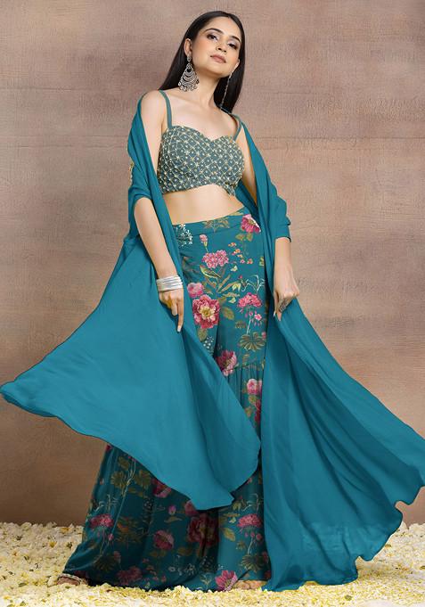 Sea Blue Sharara Set With Geometric Hand Embroidered Blouse And Jacket