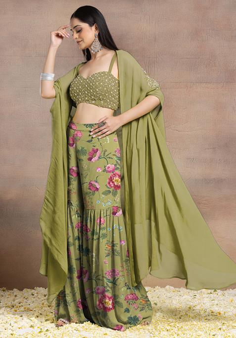 Lime Green Sharara Set With Geometric Hand Embroidered Blouse And Jacket