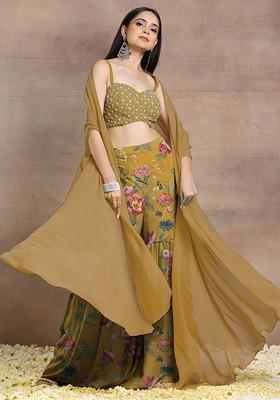 Mustard Yellow Sharara Set With Geometric Hand Embroidered Blouse And Jacket