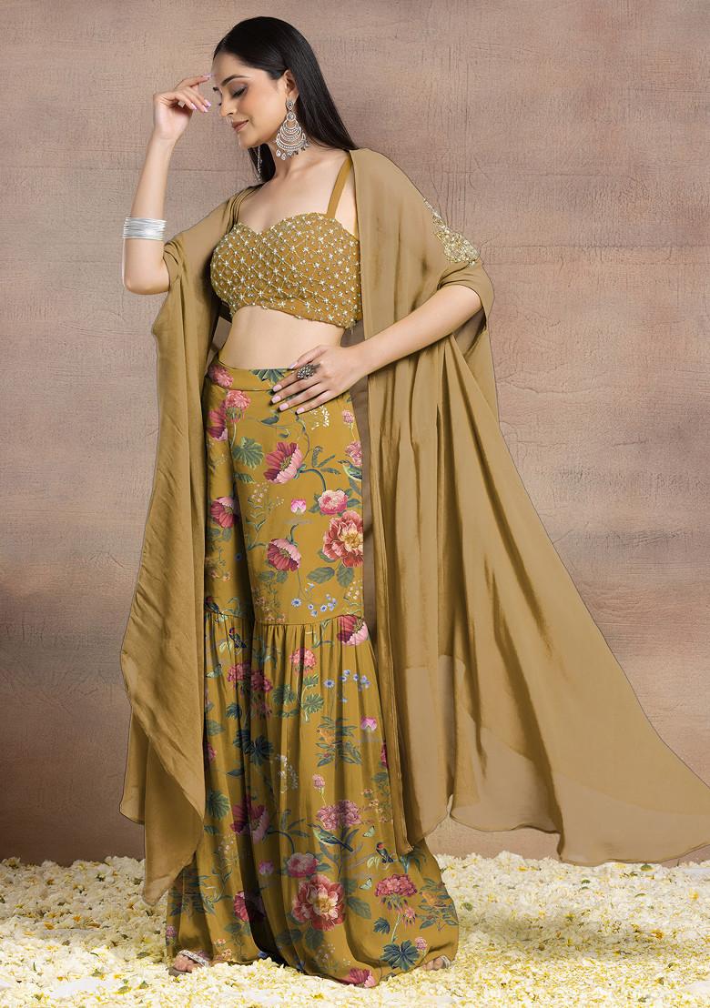Mustard Yellow Sharara Set With Geometric Hand Embroidered Blouse And Jacket
