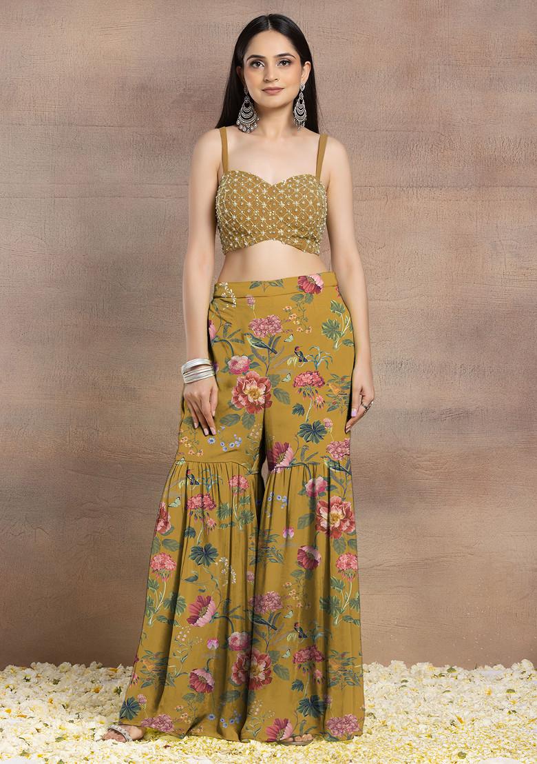 Mustard Yellow Sharara Set With Geometric Hand Embroidered Blouse And Jacket