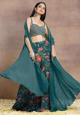 Dark Sea Green Sharara Set With Geometric Hand Embroidered Blouse And Jacket