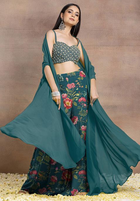 Dark Sea Green Sharara Set With Geometric Hand Embroidered Blouse And Jacket