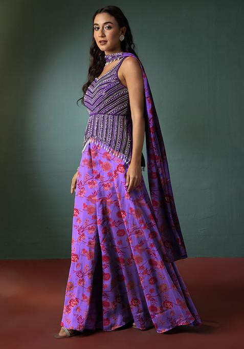 Purple Sharara Set With Hand Embellished Short Kurta And Dupatta