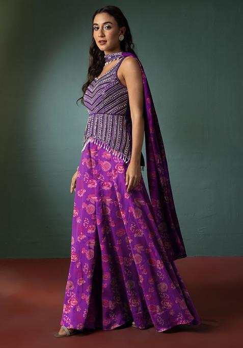 Purple Sharara Set With Hand Embellished Short Kurta And Dupatta