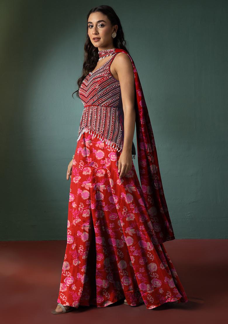 Buy Women Red Sharara Set With Hand Embellished Short Kurta And