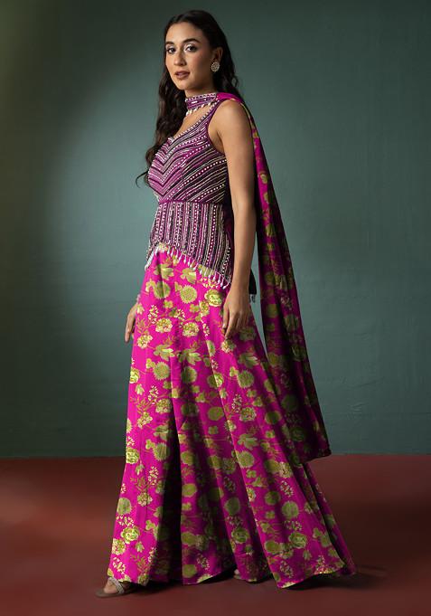 Pink Sharara Set With Hand Embellished Short Kurta And Dupatta