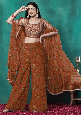 Orange Jacket Set With Sequin Dori Hand Embroidered Blouse And Palazzo