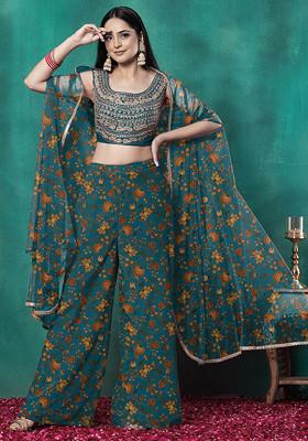 Blue Jacket Set With Sequin Dori Hand Embroidered Blouse And Palazzo