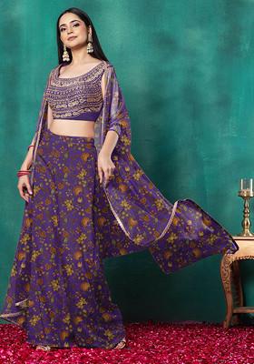 Purple Jacket Set With Sequin Dori Hand Embroidered Blouse And Palazzo