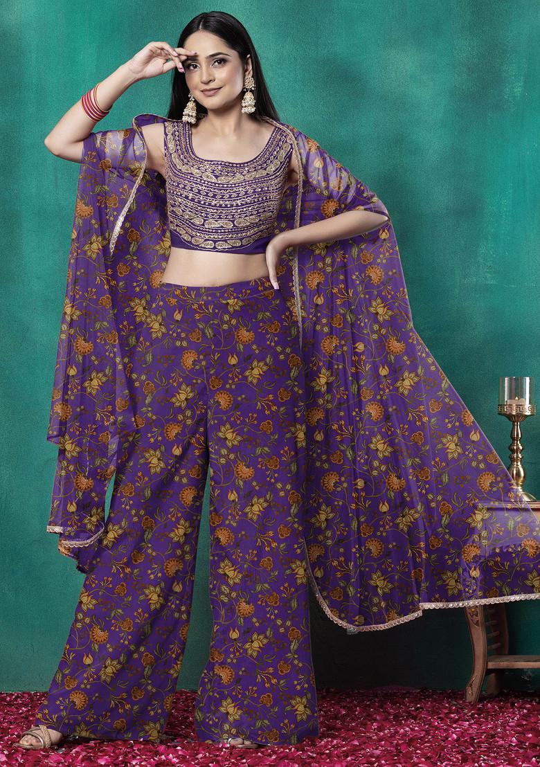 Purple Jacket Set With Sequin Dori Hand Embroidered Blouse And Palazzo