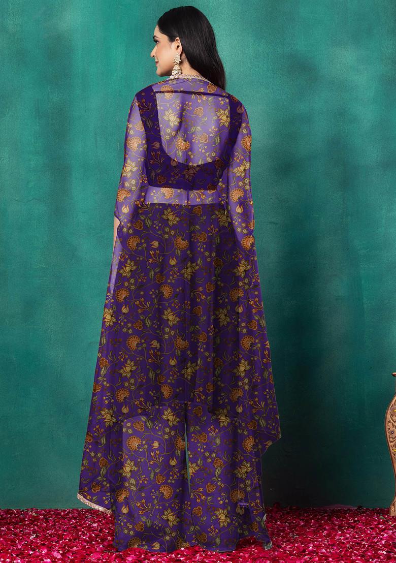 Purple Jacket Set With Sequin Dori Hand Embroidered Blouse And Palazzo