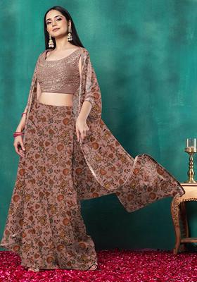 Peach Jacket Set With Sequin Dori Hand Embroidered Blouse And Palazzo