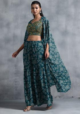 Green Jacket Set With Sequin Hand Embroidered Blouse And Sharara