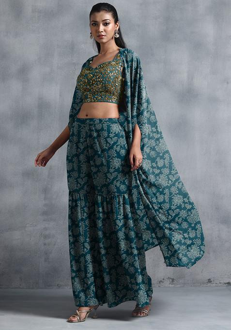 Green Jacket Set With Sequin Hand Embroidered Blouse And Sharara