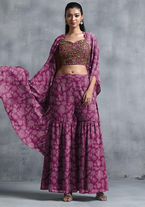 Maroon Jacket Set With Sequin Hand Embroidered Blouse And Sharara