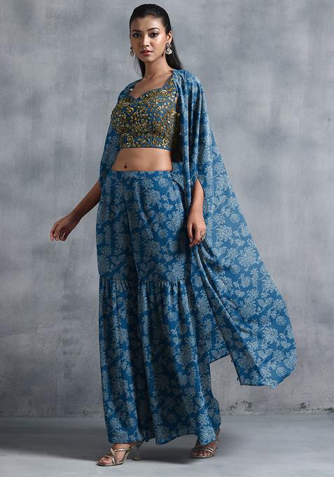 Blue Jacket Set With Sequin Hand Embroidered Blouse And Sharara