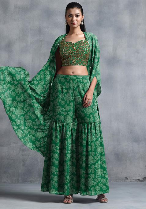 Dark Green Jacket Set With Sequin Hand Embroidered Blouse And Sharara