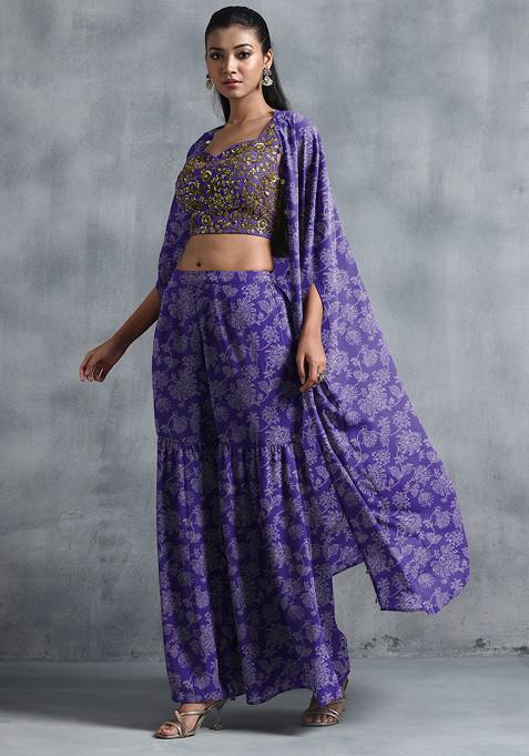 Deep Purple Jacket Set With Sequin Hand Embroidered Blouse And Sharara