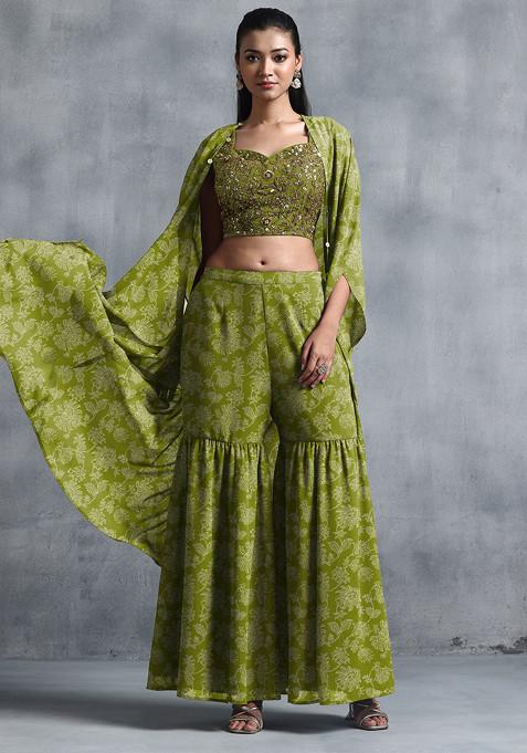 Olive Jacket Set With Sequin Hand Embroidered Blouse And Sharara