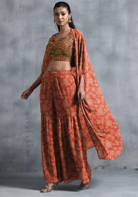 Orange Jacket Set With Sequin Hand Embroidered Blouse And Sharara