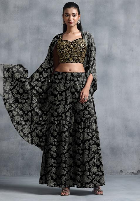 Black Jacket Set With Sequin Hand Embroidered Blouse And Sharara