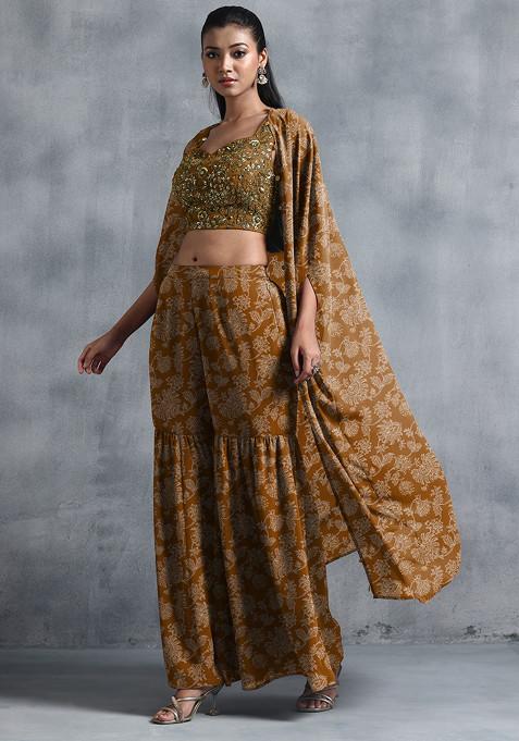 Brown Jacket Set With Sequin Hand Embroidered Blouse And Sharara