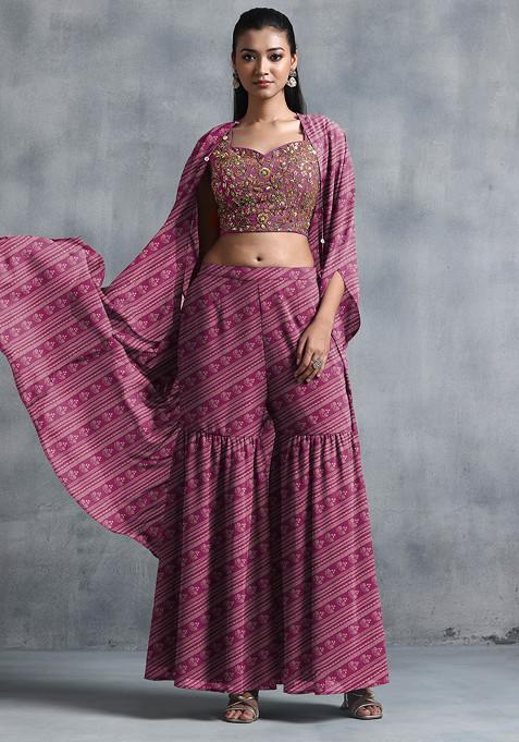 Purple Jacket Set With Sequin Hand Embroidered Blouse And Sharara